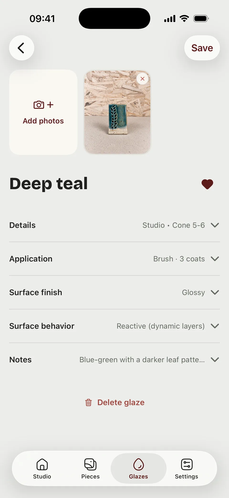 ClayCray’s Deep teal glaze details with a test tile photo, cone range, application, surface finish, and notes. Sample studio data.