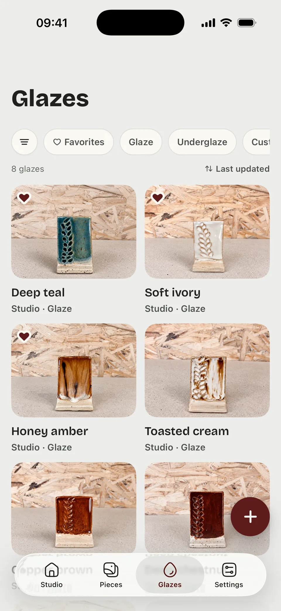 ClayCray’s Glazes list with photos, favorites, and glaze combinations. Sample studio data.