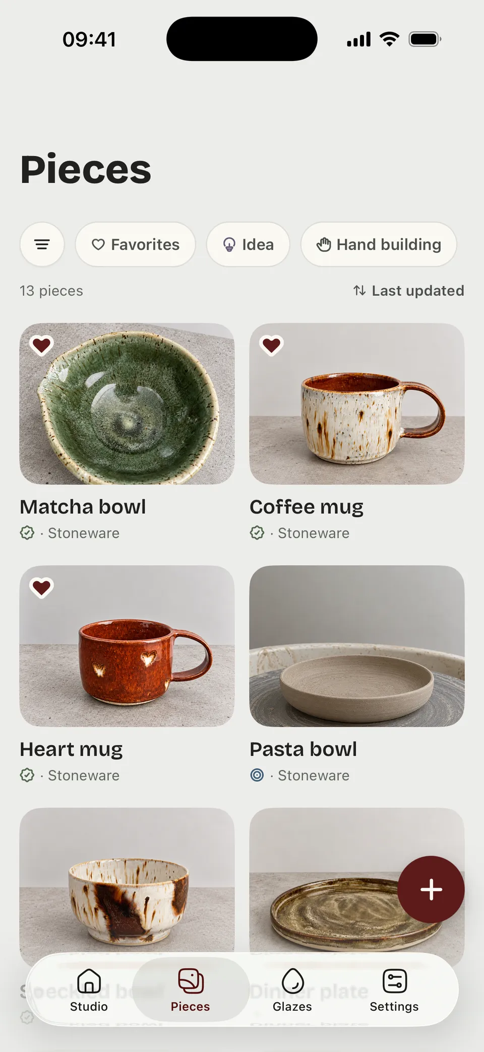 ClayCray’s Pieces list with pottery photos and progress. Sample studio data.