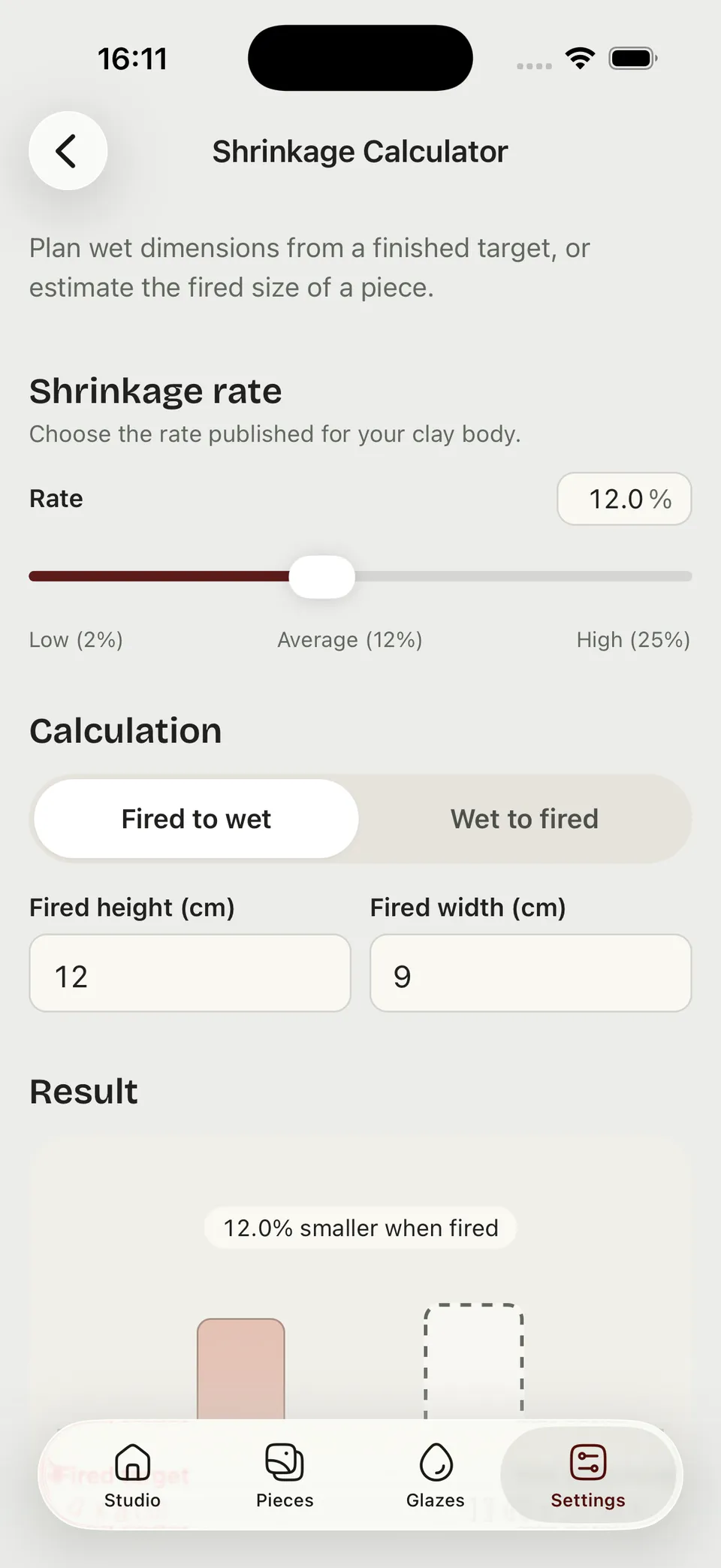 ClayCray’s Shrinkage Calculator with clay shrinkage and size fields. Sample measurements.