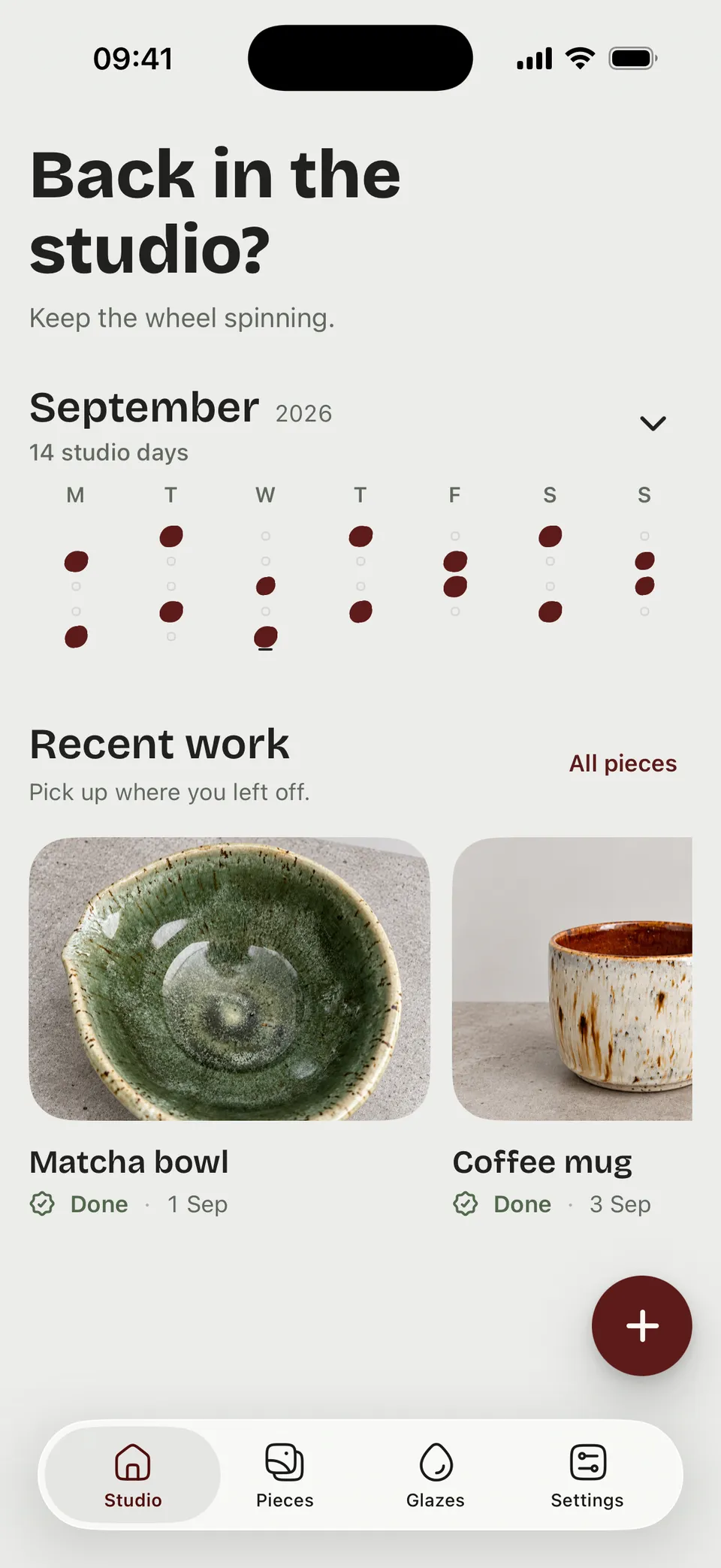 ClayCray Studio showing studio days and photos of pottery in progress. Sample studio data.